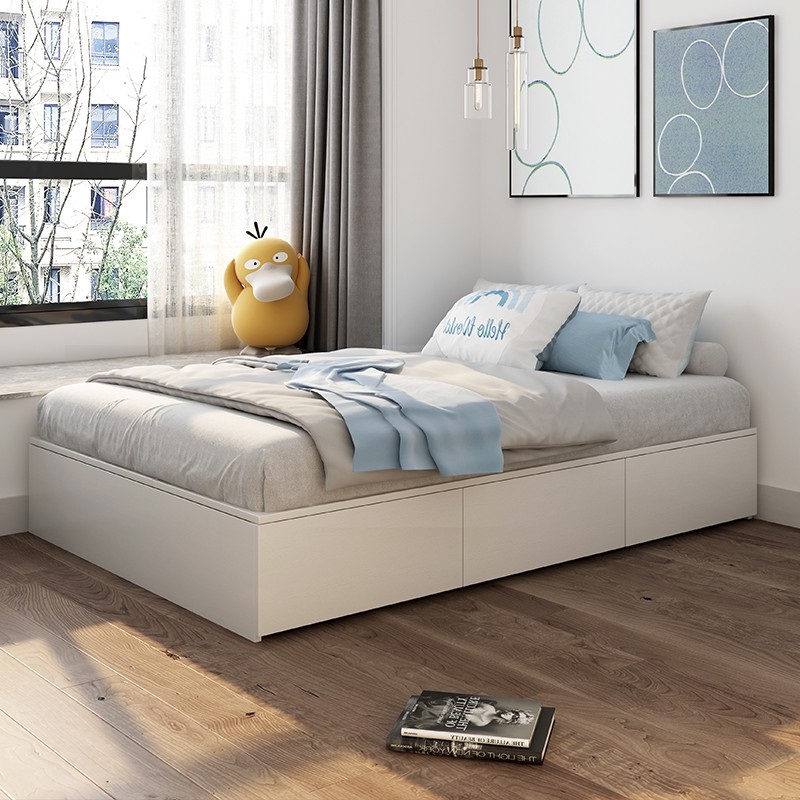 实木多层板无床头床抽屉储物床现代简约榻榻米床小户型卧室白色床