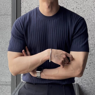 男士 欧美高端t恤男夏季 运动 商务薄款 透气轻熟风潮修身 针织衫 短袖