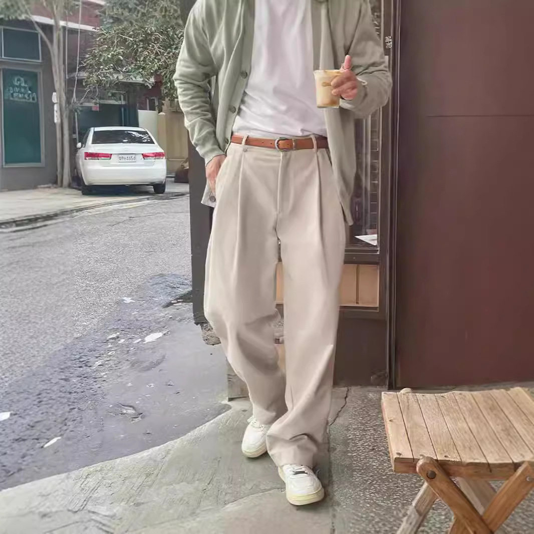 美式复古工装西裤男双褶设计感暗扣宽松直筒长裤休闲百搭西装裤