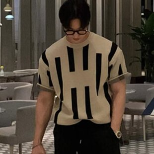 针织衫 短袖 新款 冰丝修身 条纹休闲商务潮T恤卡其色薄款 男士 夏季