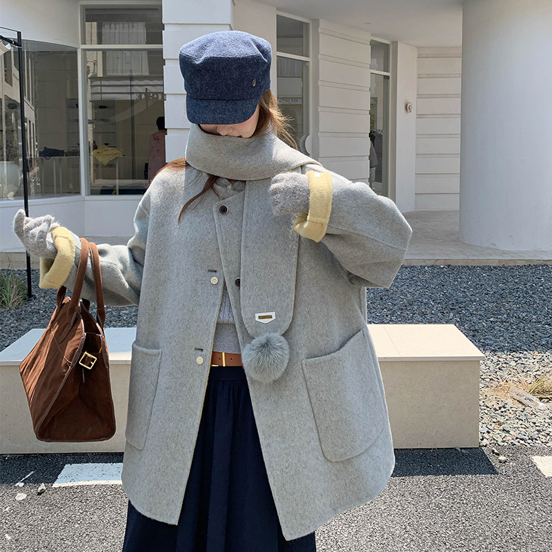 【档口有货】两色毛球围巾双面尼大衣2D122-2735-P265控388，女装毛呢外套，2D122