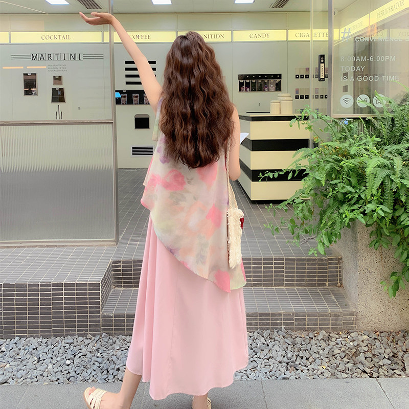 粉色印花拼接假两件吊带连衣裙女2025夏季新款浪漫度假风绝美长裙,女装连衣裙,2D122