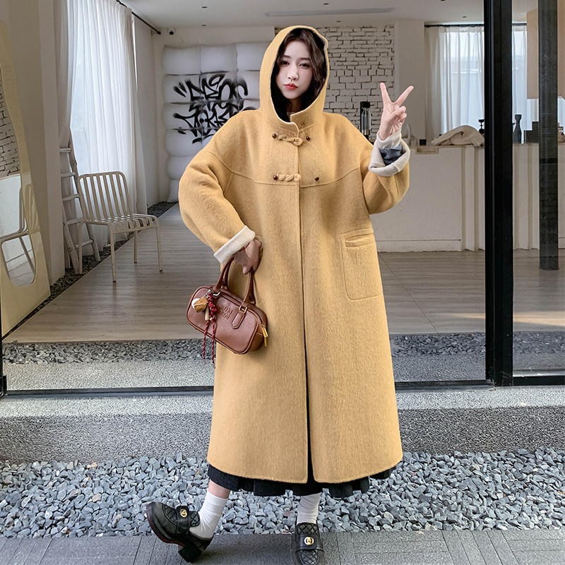 复古新中式国风黄色连帽双面呢外套女秋冬2025新款长款高级感大衣,女装毛呢外套,2D122