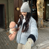 撞色翻领紫色羽绒服外套女冬季新款小个子面包服奶乎乎温柔白鸭绒，女装羽绒服，2D122