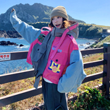 多巴胺牛仔拼接紫色连帽羽绒服女冬超好看高级感加厚面包服短外套，女装羽绒服，2D122