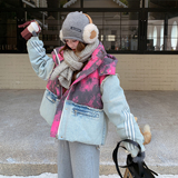 牛仔拼接连帽羽绒服女冬超火好看高级小众独特漂亮加厚面包服外套，女装羽绒服，2D122