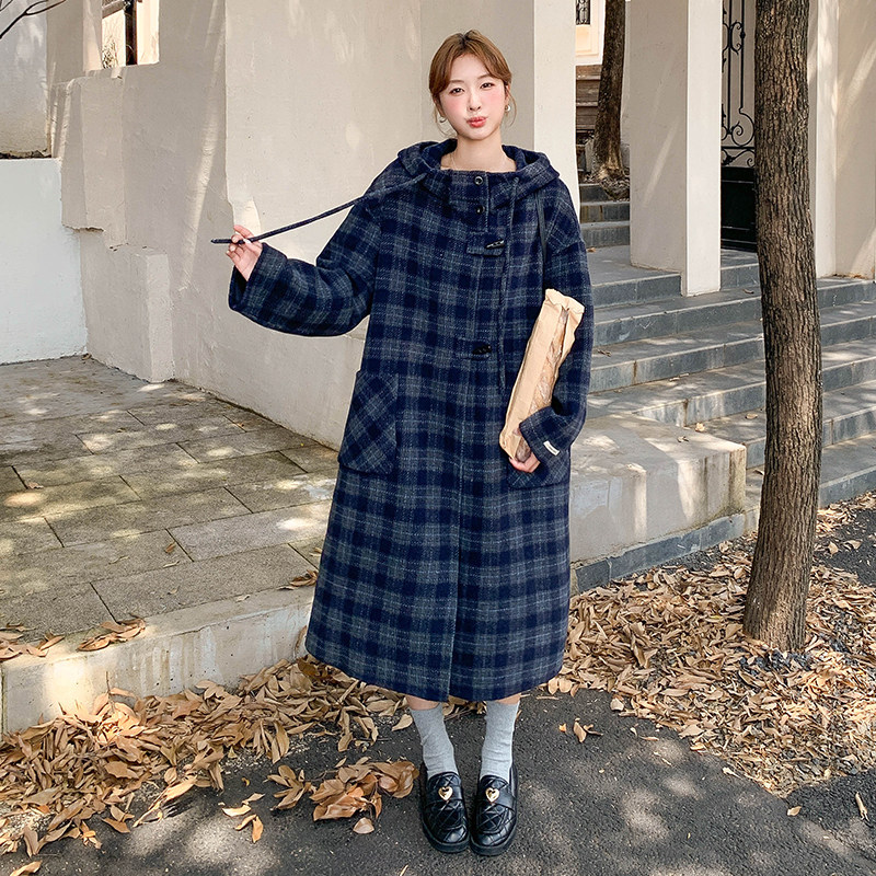 深蓝色复古格纹双面呢连帽大衣女秋加厚学院风中长款双面羊绒外套,女装毛呢外套,2D122