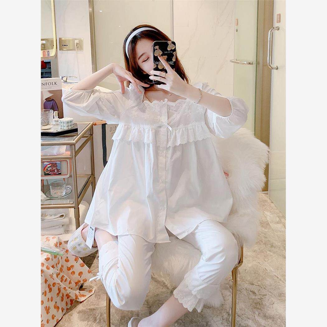 七分袖睡衣女款春秋纯棉中袖长裤全棉薄款春夏天可外穿家居服套装