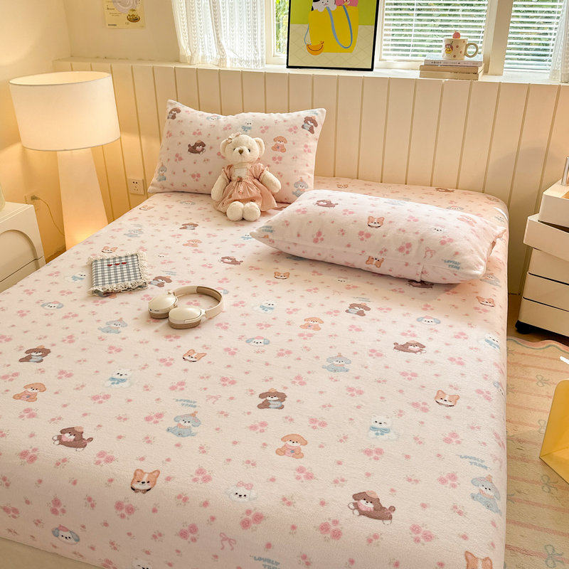 牛奶绒加厚保暖珊瑚绒单层床罩床单单件全包床笠款床上用品三件套