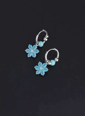 s925银针蓝色花朵耳扣女个性耳环小众小清新2025年新款耳坠设计感