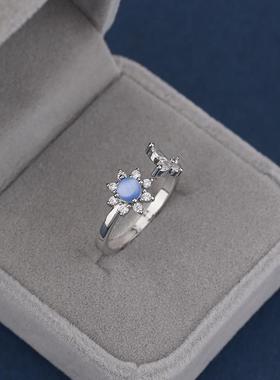 蓝色猫眼石太阳花戒指女小众