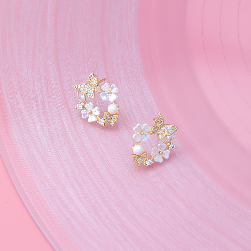 s925纯银锆石贝壳花朵耳环女2023年夏季新款小清新花环耳钉耳饰品