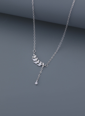 s925纯银锆石水滴树叶项链小清新