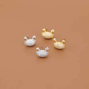 s925纯银萌系小螃蟹耳钉女可爱耳环气质创意小清新镶钻简约小巧