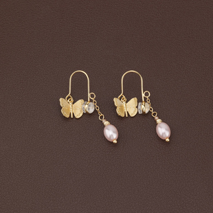 粉色珍珠蝴蝶耳环女短款流苏气质耳钉无耳洞耳夹甜美气质新潮