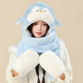 秋冬新款 可爱企鹅帽子围巾手套一体三件套加厚保暖防寒围脖连体帽