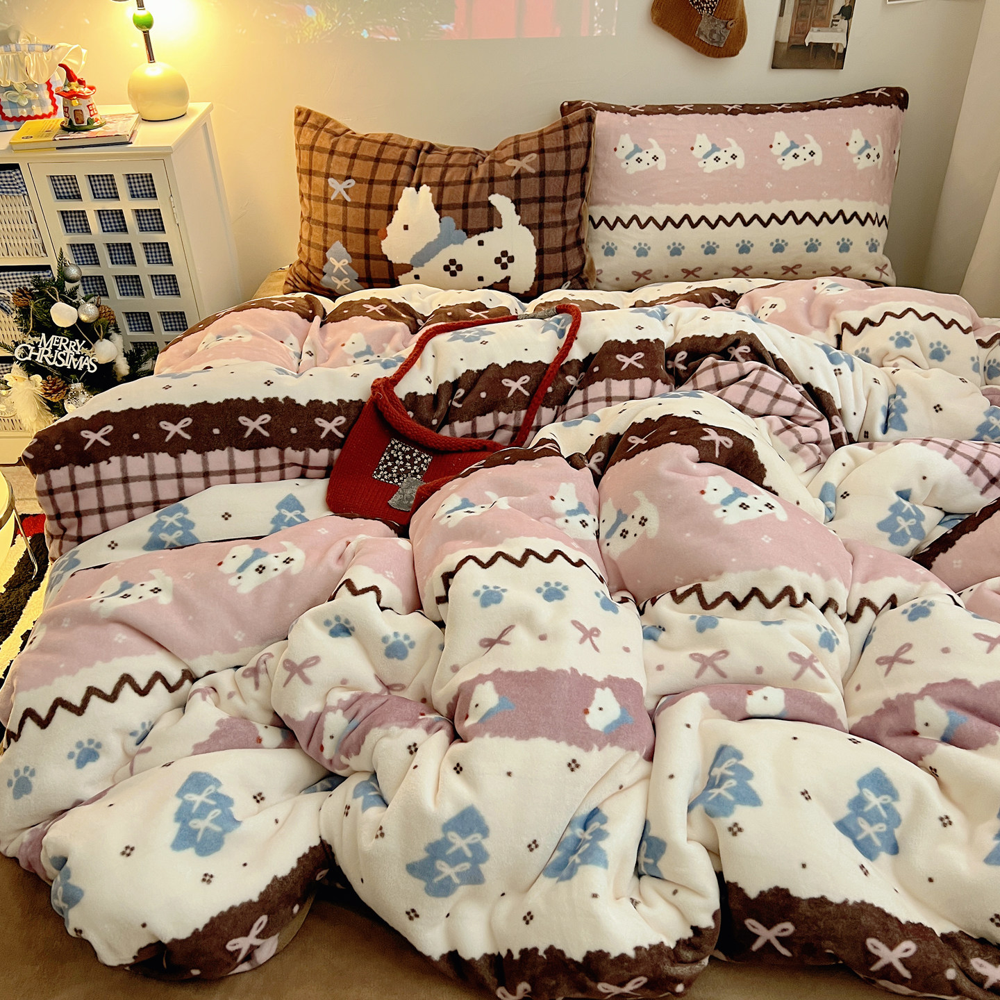 晚安猫圣诞款卡通大版枕套牛奶绒四件套保暖宿舍三件套床单床品,床上用品,床品套件/四件套/多件套,淘宝优惠券,粉丝福利购,淘宝优惠卷