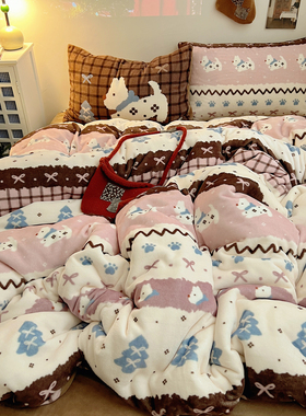 晚安猫圣诞款卡通大版枕套牛奶绒四件套保暖宿舍三件套床单床品