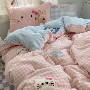 晚安猫格子猫咪蝴蝶结毛巾绣水洗棉四件套少女心被套三件套床单