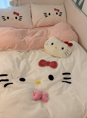 晚安猫可爱猫猫毛巾绣牛奶绒四件套少女心被套宿舍三件套床单床品