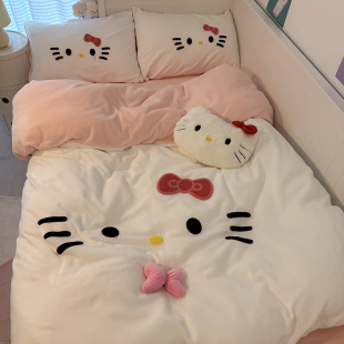 晚安猫可爱猫猫毛巾绣牛奶绒四件套少女心被套宿舍三件套床单床品