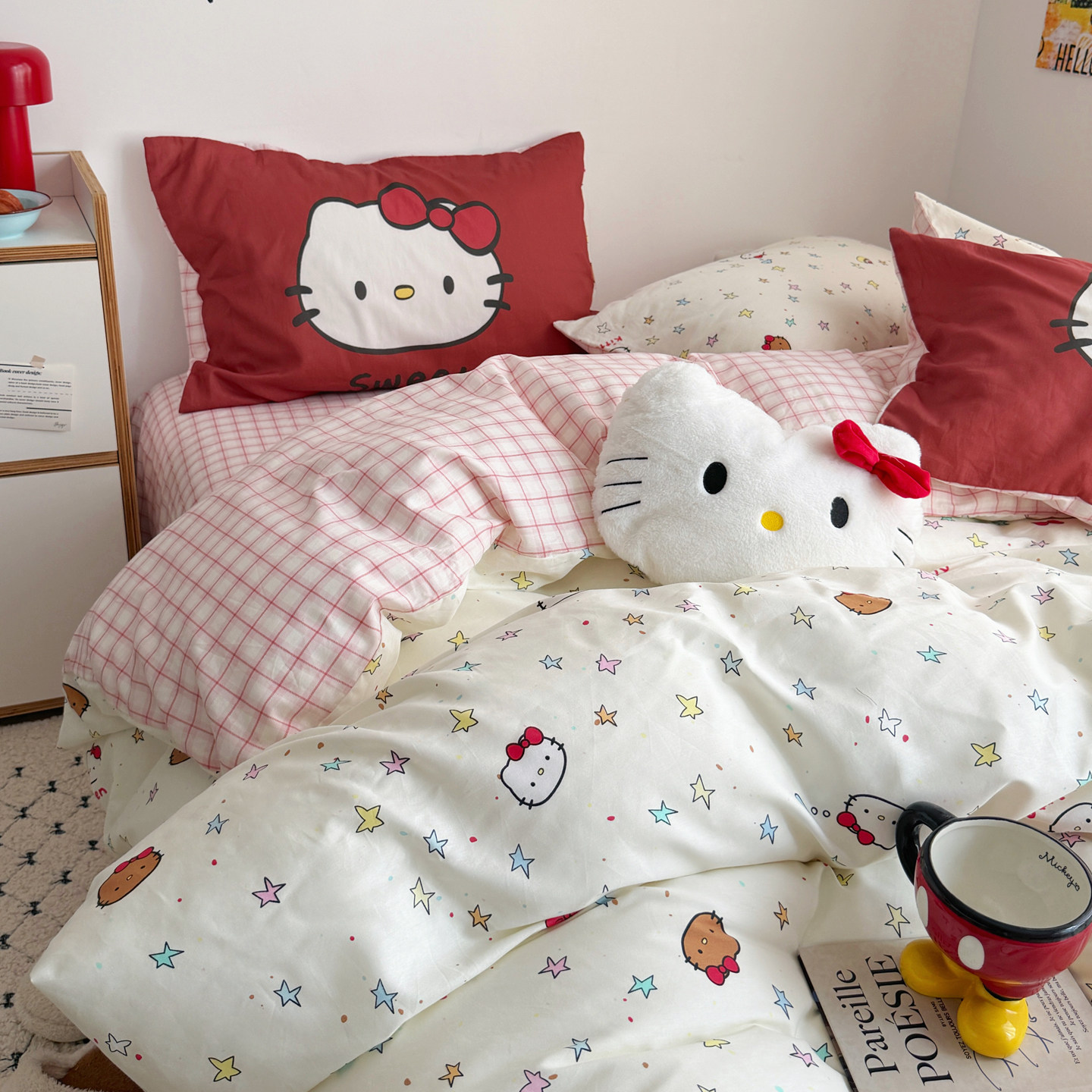 晚安猫简约INS格纹大版卡通印花纯棉四件套宿舍床单三件套床品
