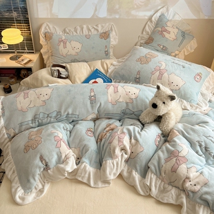 晚安猫花边元气猫咪酱A类牛奶绒保暖少女四件套学生宿舍被套床品