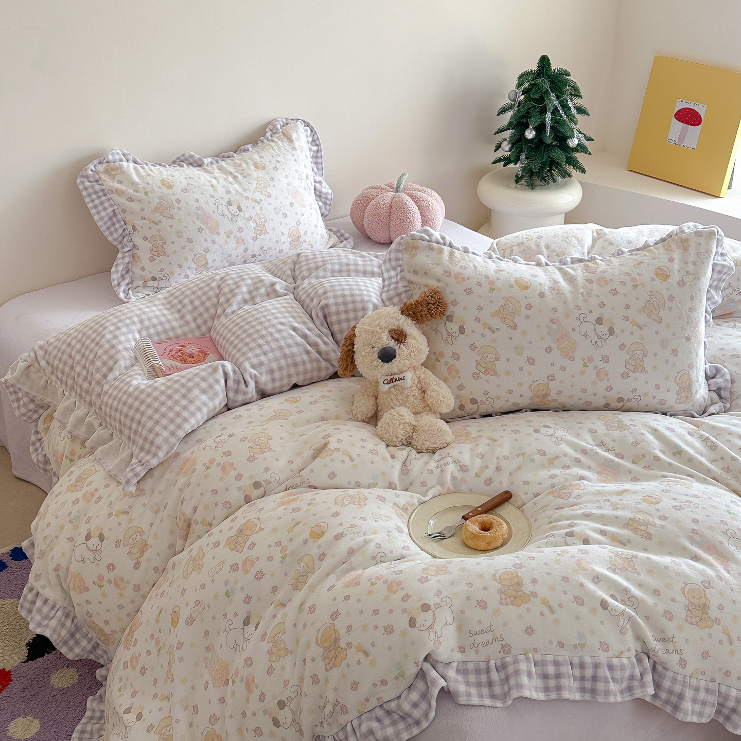 AB版拼色牛奶绒四件套