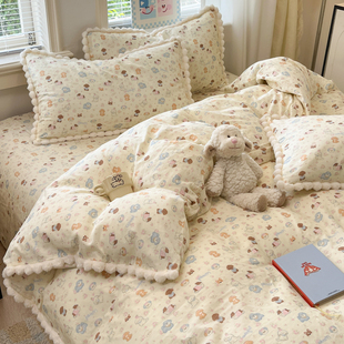 晚安猫双层纱卡通全棉四件套纯棉枕套床单单品床笠单被套床上用品