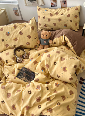 晚安猫ins风双拼印花水洗棉四件套舒适透气宿舍三件套床单床品