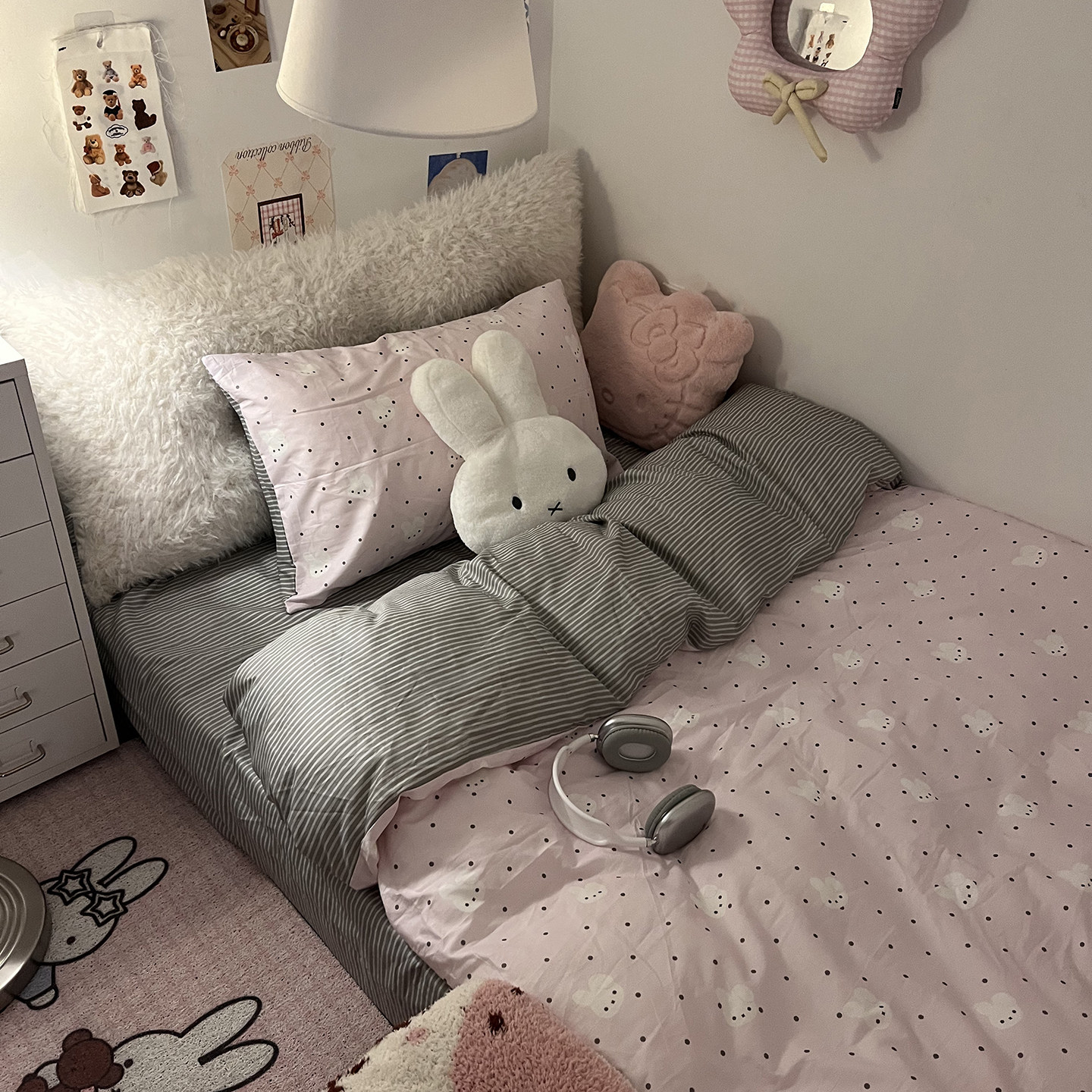 晚安猫韩系波点小兔纯棉印花四件套学生宿舍亲肤少女三件套床品