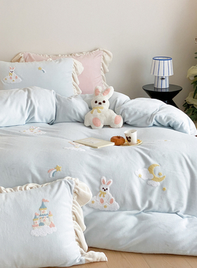晚安猫可爱秋冬加厚双面牛奶绒四件套卡通小兔刺绣被套保暖床品