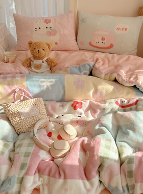 晚安猫可爱卡通少女风牛奶绒四件套宿舍三件套小清新床单床笠床品