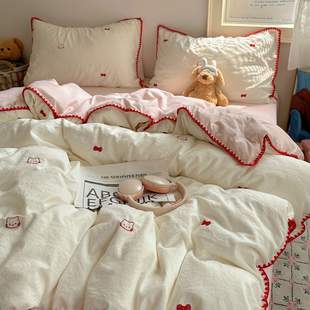 晚安猫ins风韩系刺绣云柔水洗棉四件套被套学生三件套亲肤床单