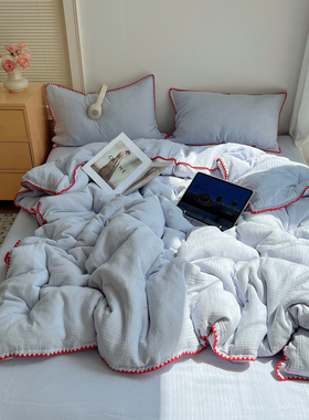 晚安猫糯叽叽全棉双层皱皱纱四件套贝壳包边纯棉纯色被套三件套