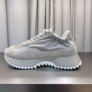 欧洲站2025年新款真皮真丝布拼接松紧口厚底阿甘鞋运动休闲鞋女鞋