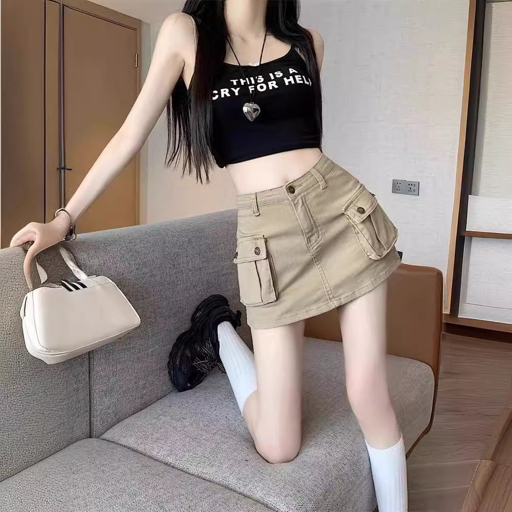 半身裙女卡其色辣妹高腰显瘦包臀短裙2023秋季新款美式风工装裙子