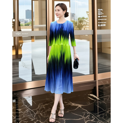 三宅褶皱渐变印花连衣裙时尚设计感中长裙高级感气质女装春装新款