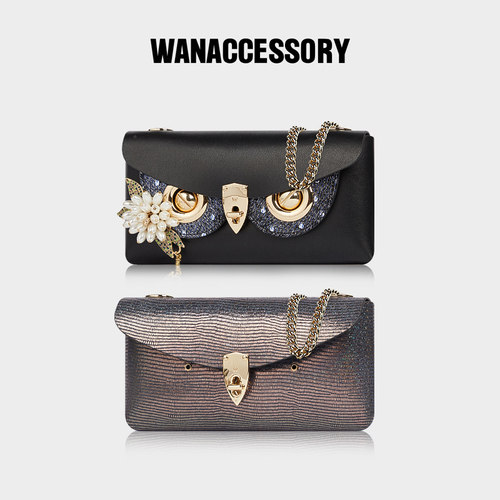 WANACCESSORY万蔻ALIAS系列牛皮双面双色猫头鹰换脸单肩斜挎包黑