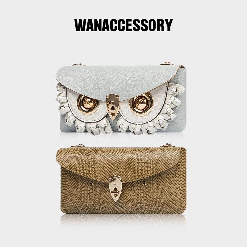 万蔻ALIAS系列双面双色梅子青赤缇牙色老银猫头鹰换脸信封斜挎包