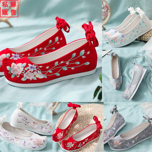 2020新品绣花汉服鞋翘头弓鞋老北京绣鞋内增高古风单鞋