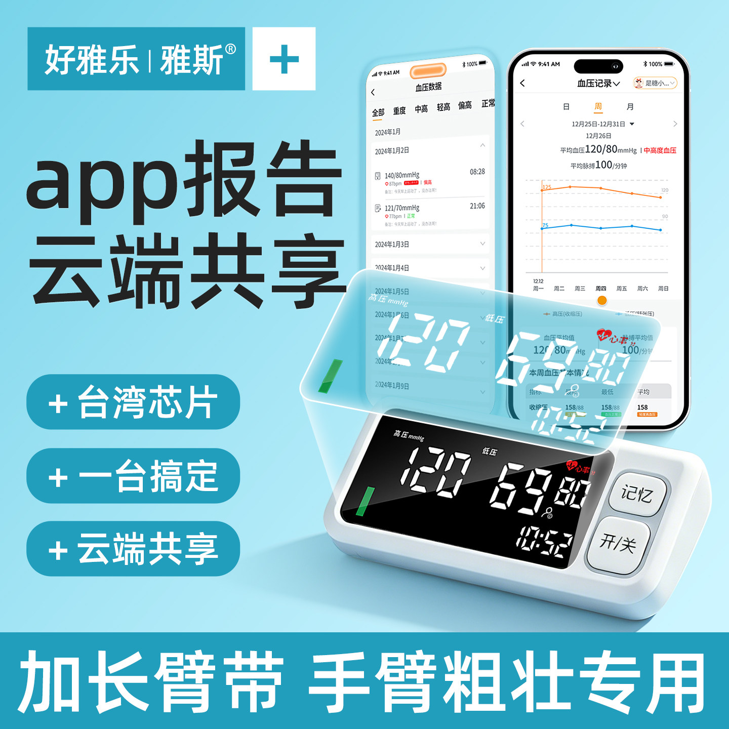APP报告加长臂带蓝牙款医用电子血压计高精准血压测量家用全自动