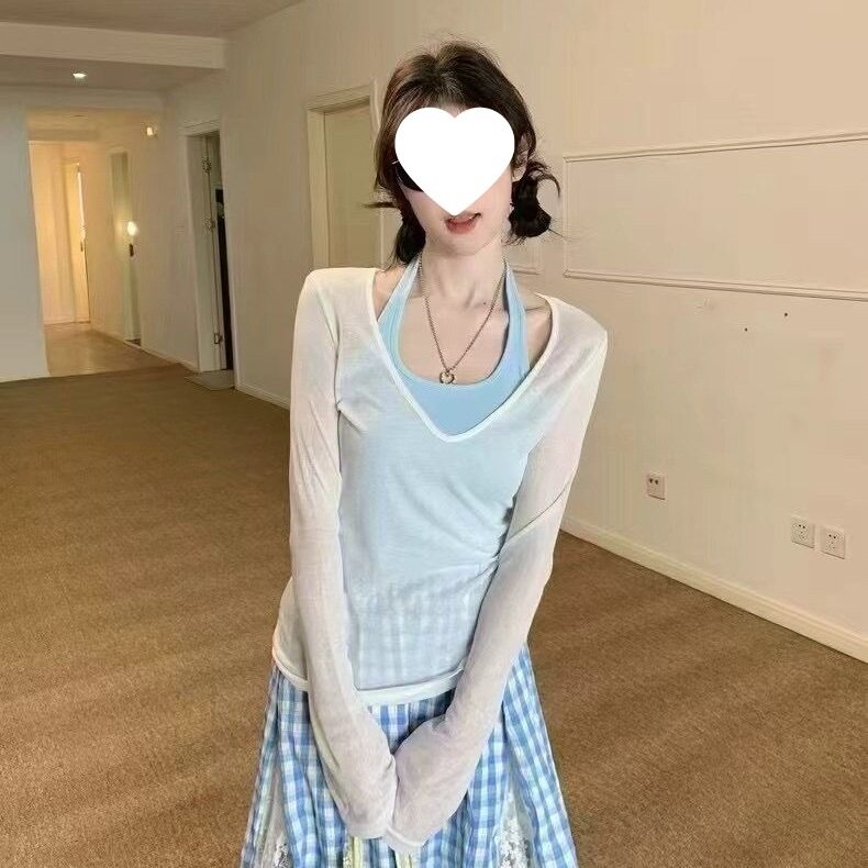 蓝色温柔风套装长袖T恤挂