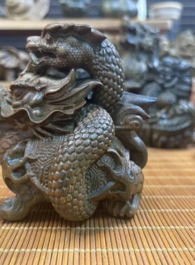 天然绿檀木雕刻玉檀玄武龙子龙龟木雕手把件摆件复古文玩小摆件