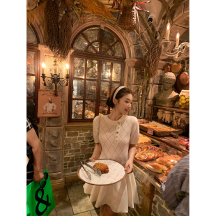 t恤女圆领针织修身 菱格羊毛短袖 显瘦上衣 玛丽苏女主 cchen陈陈