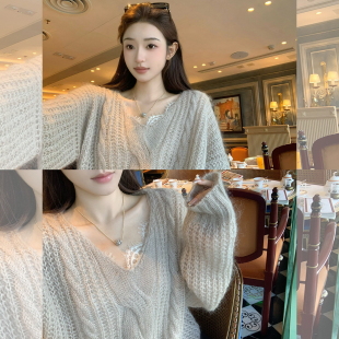 绞花马海毛毛衣秋冬显瘦v领针织上衣吊带套装 cchen陈陈 悄然心动