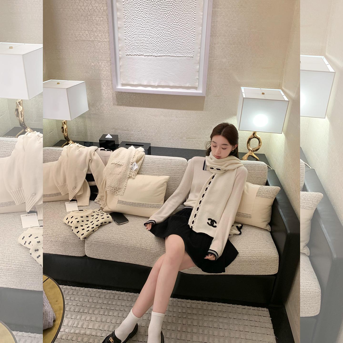 cchen陈陈-富家女孩er 羊毛针织女撞色POLO领毛衣百褶半身裙套装