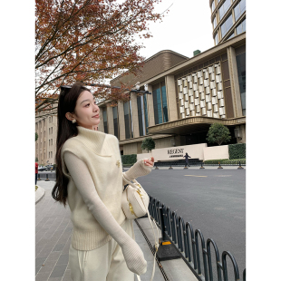 白色上衣秋 斜高领全羊毛拉毛针织背心&打底衫 cchen陈陈 静奢美学