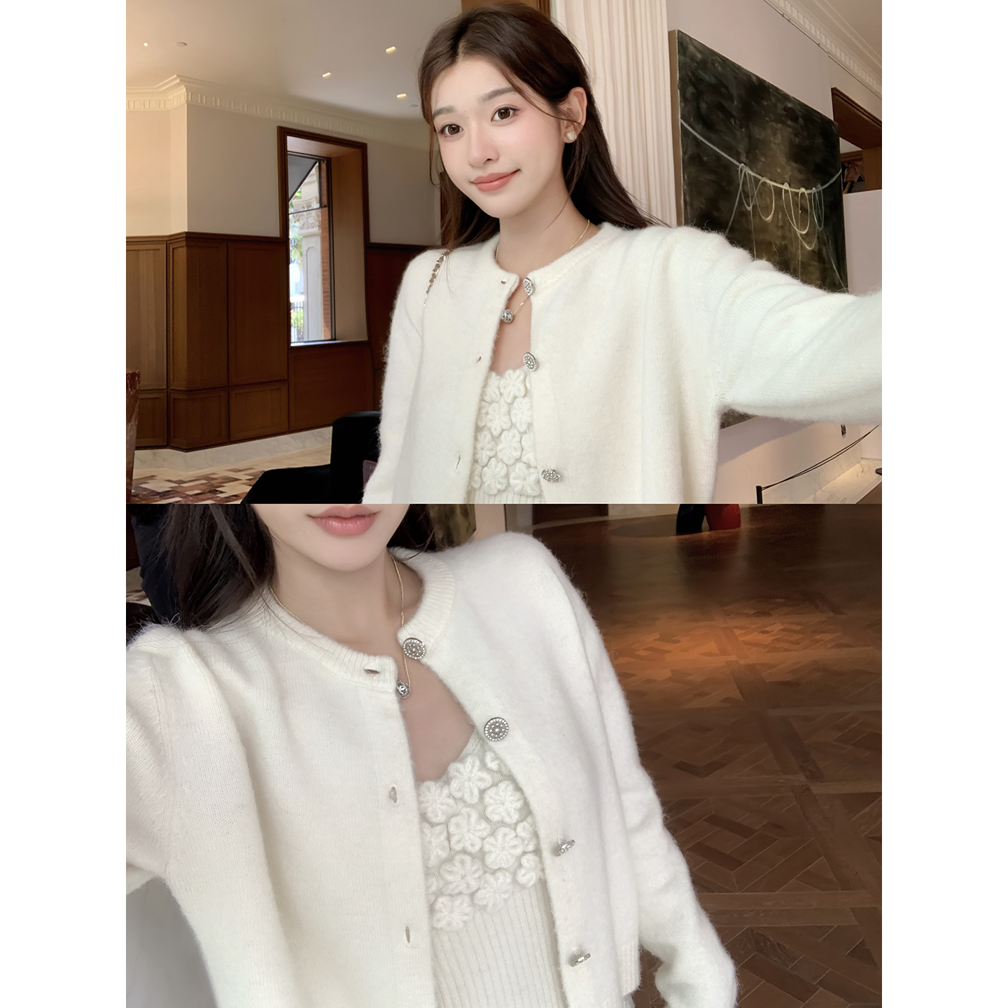 cchen陈陈-归国白月光 圆领短款长袖针织衫无袖吊带内搭上衣套装