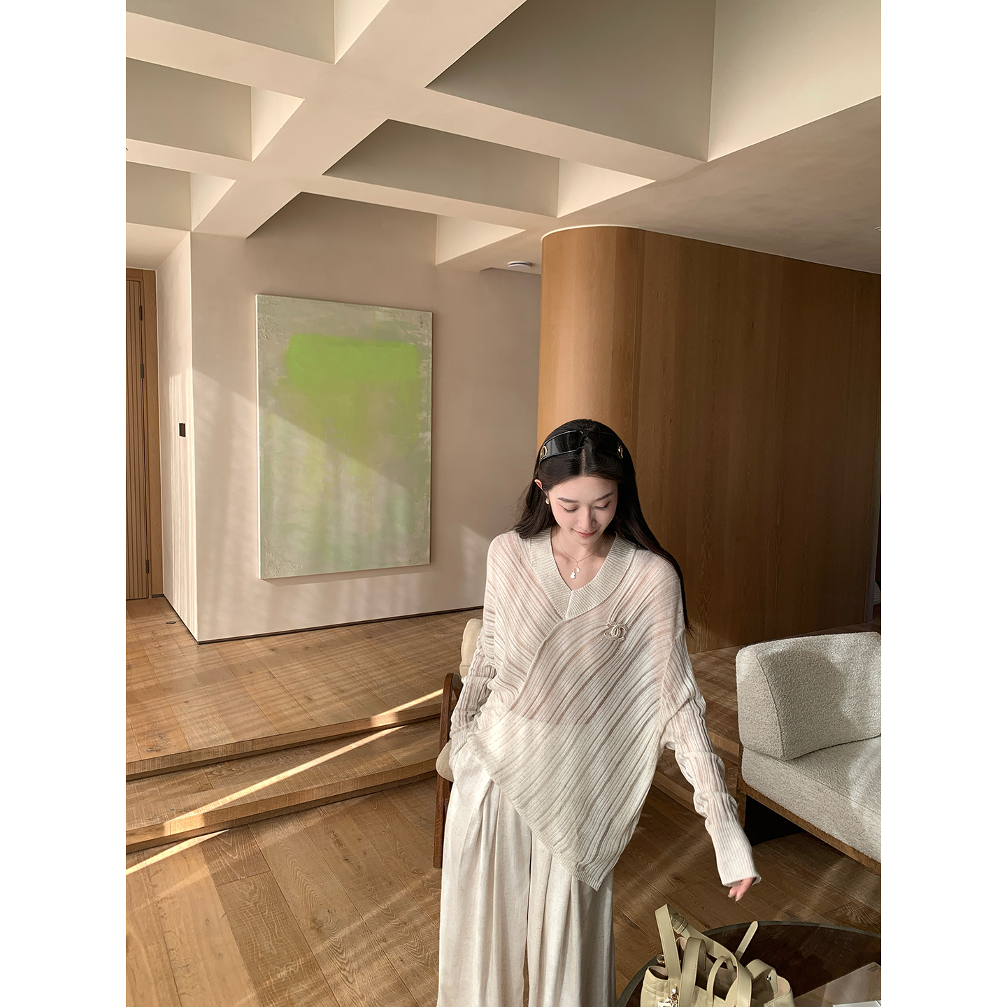 cchen陈陈-去有风的地方 亚麻气质V领针织衫女显瘦不规则长袖上衣